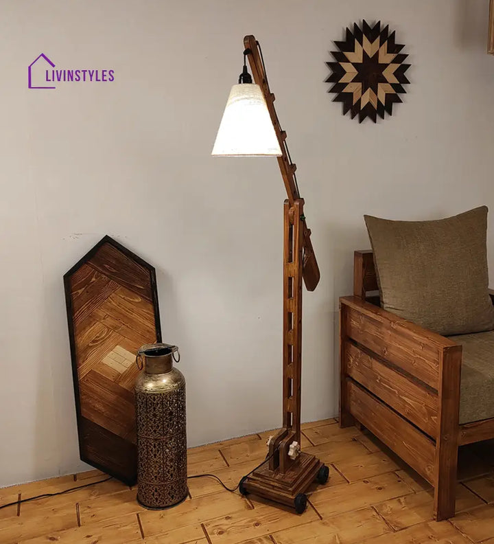 Angler Wooden Floor Lamp With Brown Base And Jute Fabric Lampshade Lamps