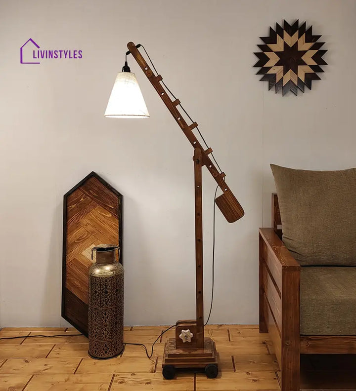 Angler Wooden Floor Lamp With Brown Base And Jute Fabric Lampshade Lamps