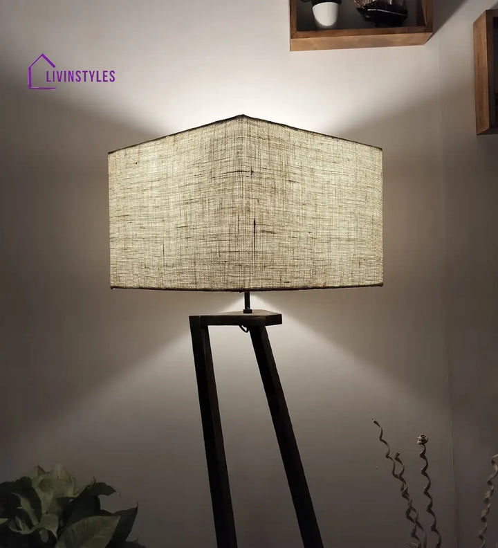 Angular Wooden Floor Lamp With Brown Base And Premium Beige Fabric Lampshade Lamps