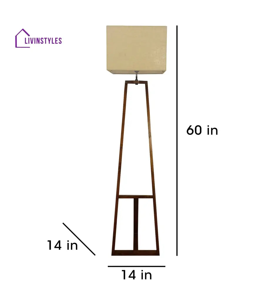 Angular Wooden Floor Lamp With Brown Base And Premium Beige Fabric Lampshade Lamps