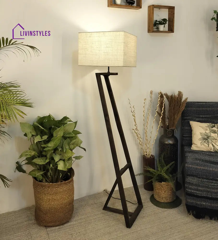 Angular Wooden Floor Lamp With Brown Base And Premium Beige Fabric Lampshade Lamps