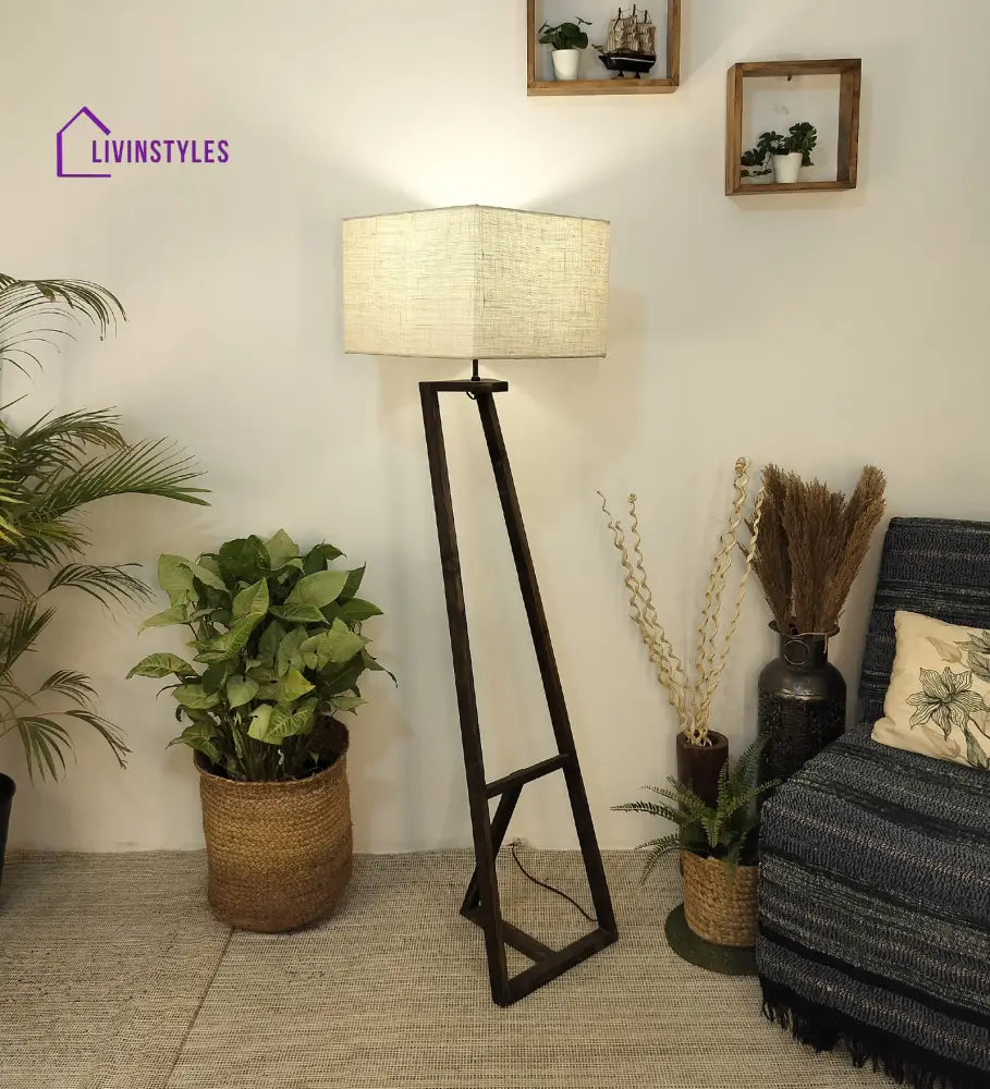 Angular Wooden Floor Lamp With Brown Base And Premium Beige Fabric Lampshade Lamps