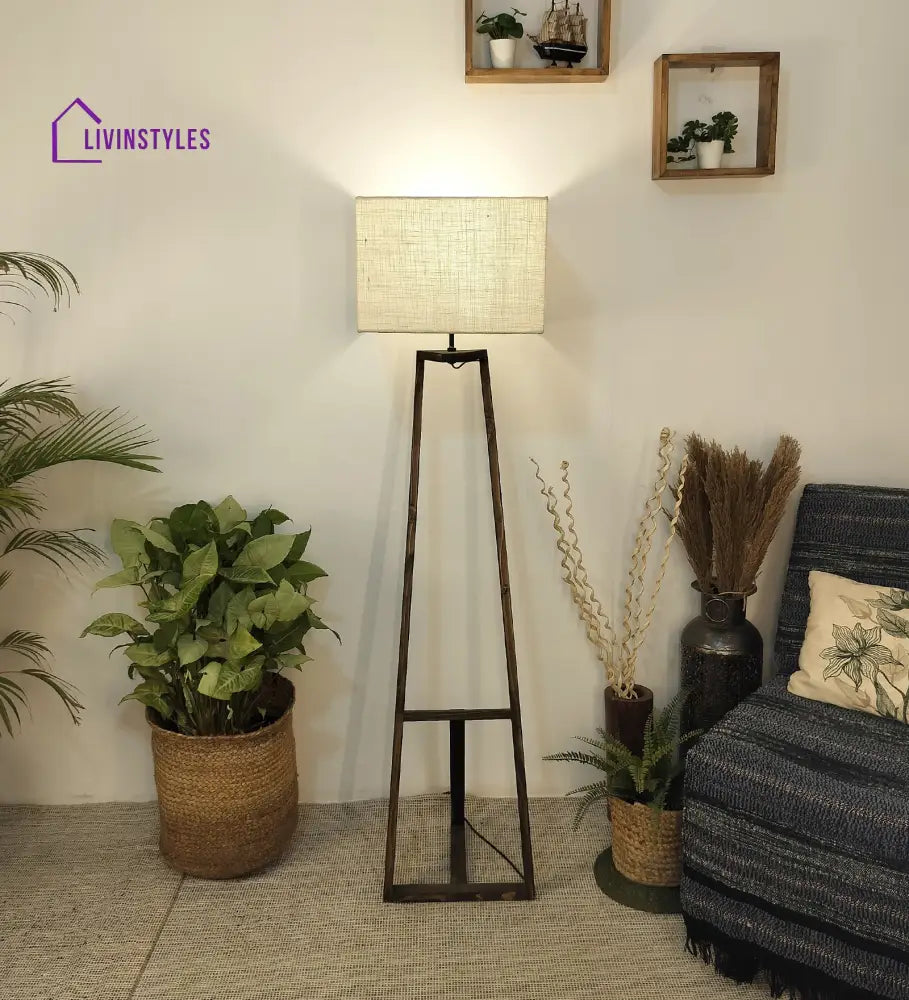 Angular Wooden Floor Lamp With Brown Base And Premium Beige Fabric Lampshade Lamps