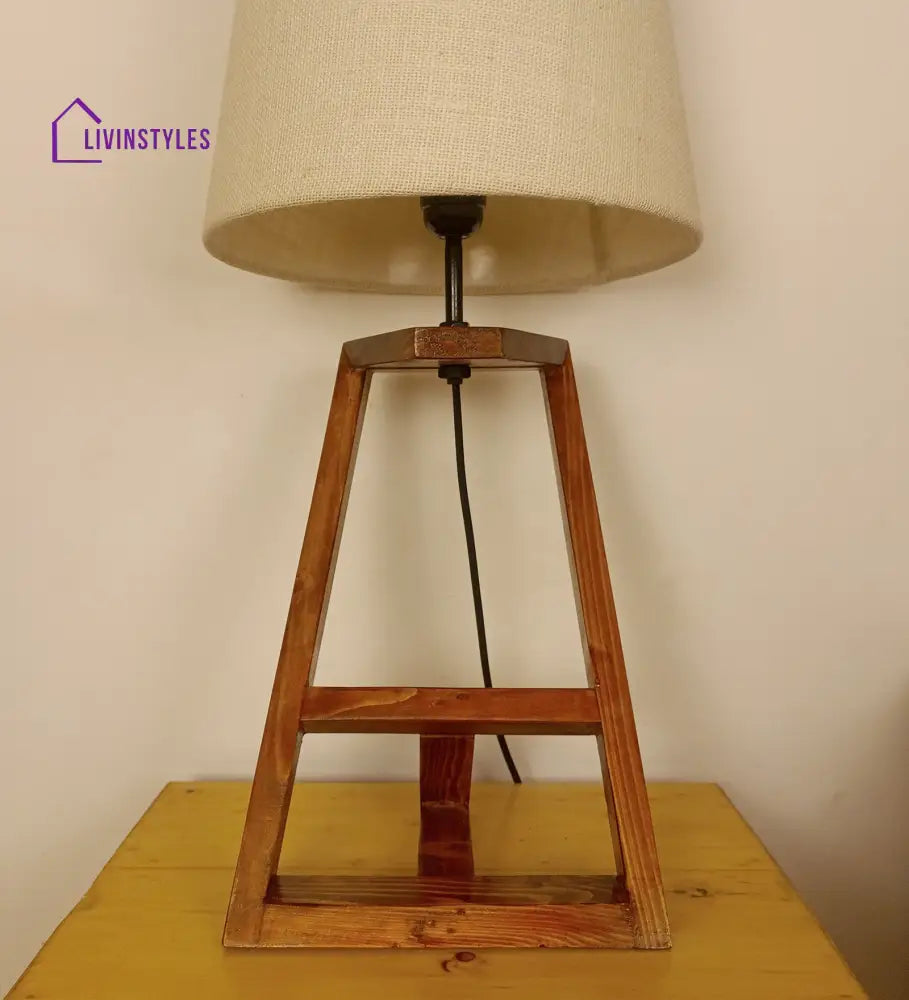 Angular Wooden Table Lamp With Brown Base And White Fabric Lampshade Lamps