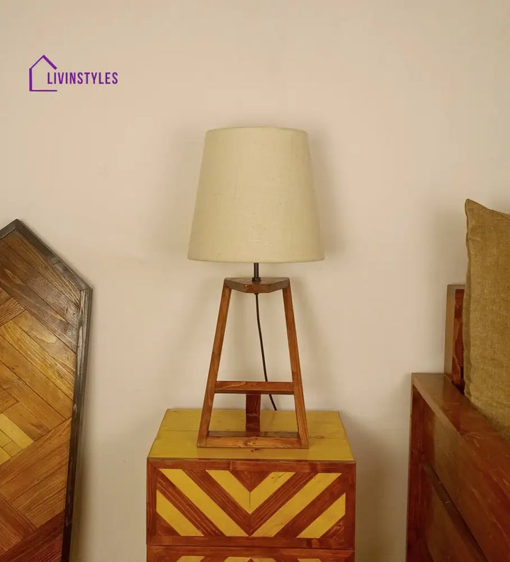 Angular Wooden Table Lamp With Brown Base And White Fabric Lampshade Lamps