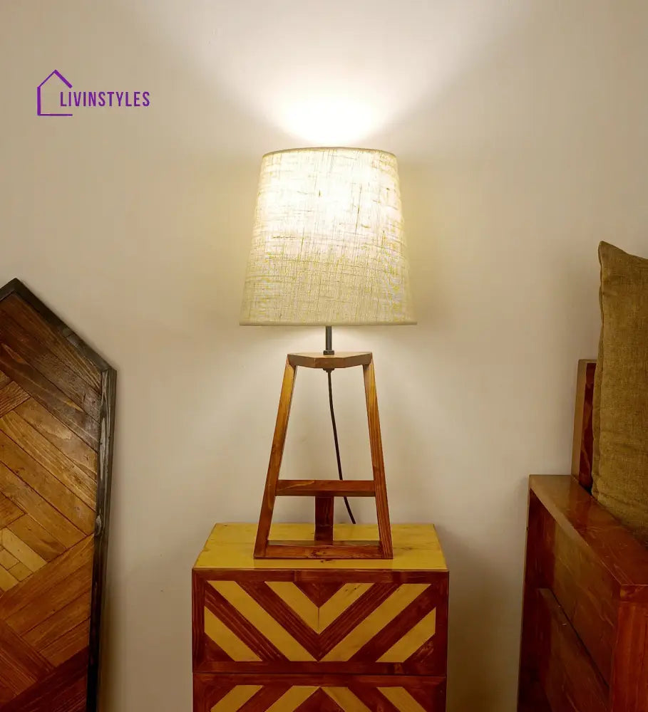 Angular Wooden Table Lamp With Brown Base And White Fabric Lampshade Lamps