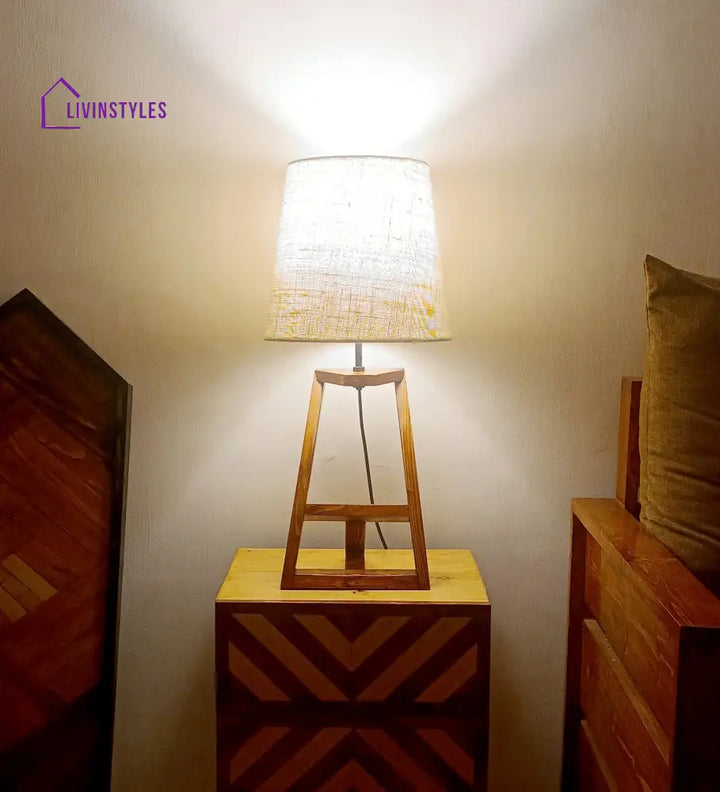 Angular Wooden Table Lamp With Brown Base And White Fabric Lampshade Lamps