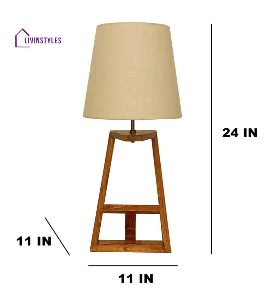 Angular Wooden Table Lamp With Brown Base And White Fabric Lampshade Lamps