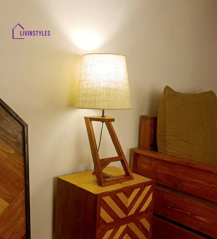 Angular Wooden Table Lamp With Brown Base And White Fabric Lampshade Lamps