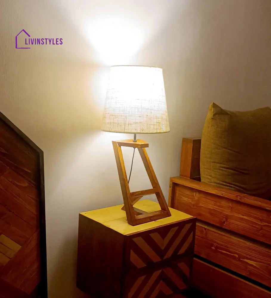 Angular Wooden Table Lamp With Brown Base And White Fabric Lampshade Lamps