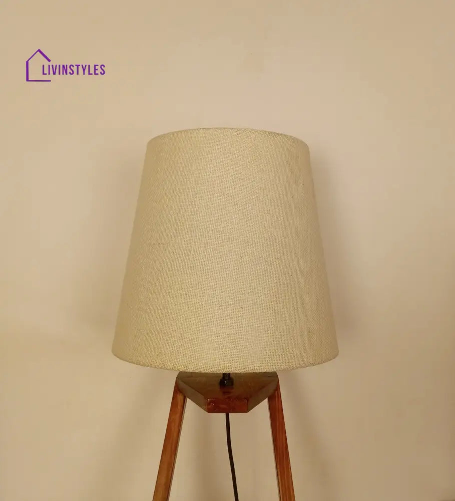 Angular Wooden Table Lamp With Brown Base And White Fabric Lampshade Lamps