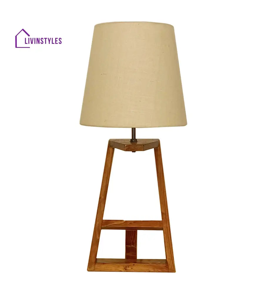 Angular Wooden Table Lamp With Brown Base And White Fabric Lampshade Lamps