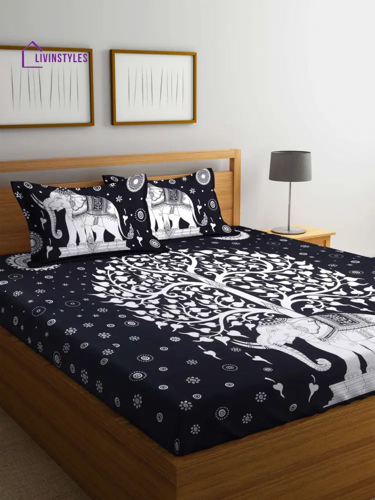 Animal Printed Black Color Cotton Double Bedsheet With 2 Pillow Coverss