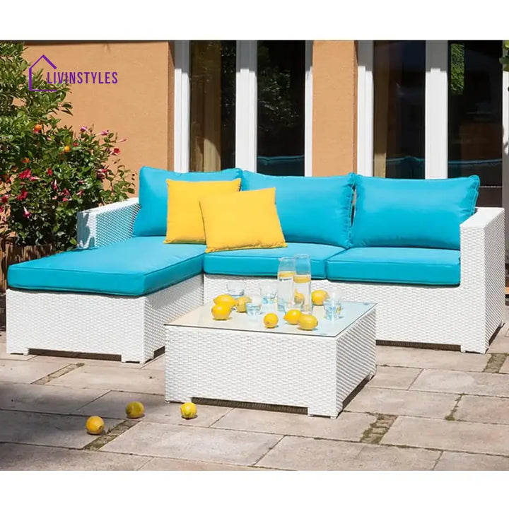 Anjali 3 Piece Rattan Sectional Sofa Set (White/Turquoise)