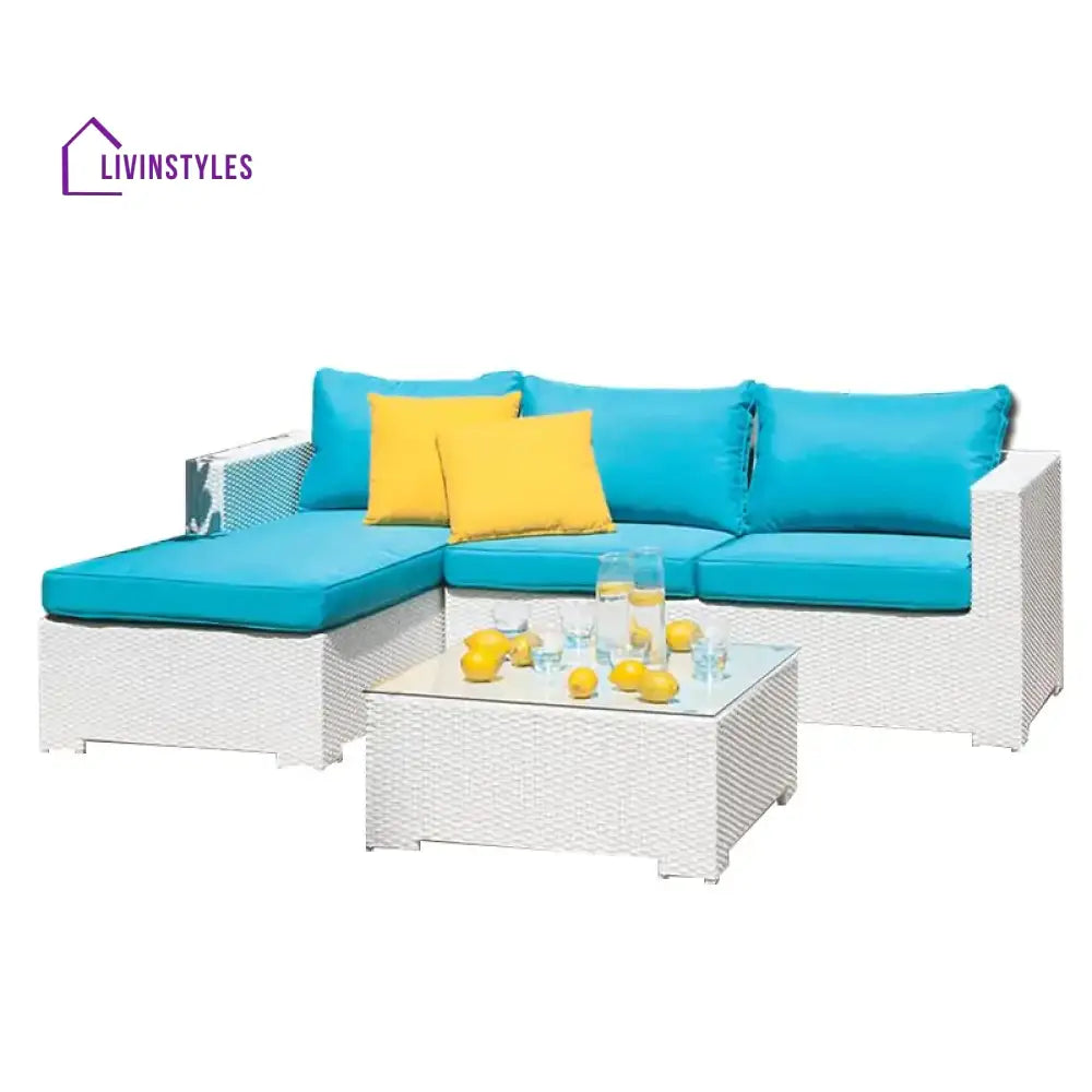 Anjali 3 Piece Rattan Sectional Sofa Set (White/Turquoise)