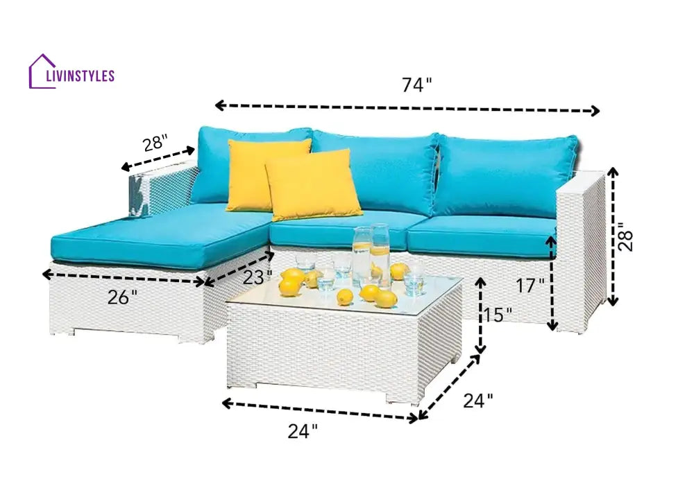 Anjali 3 Piece Rattan Sectional Sofa Set (White/Turquoise)