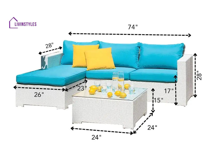 Anjali 3 Piece Rattan Sectional Sofa Set (White/Turquoise)