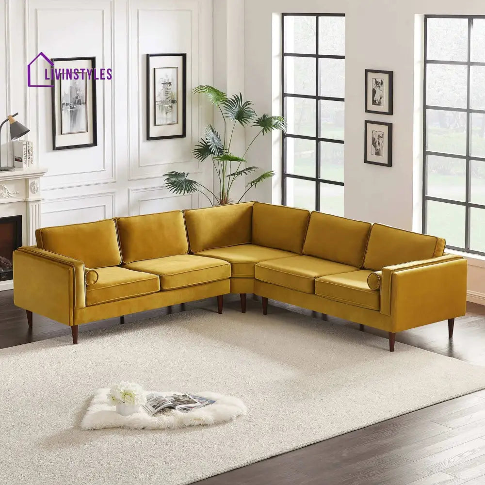 Anjali Gold L Shaped Velvet Sofa For Living Room