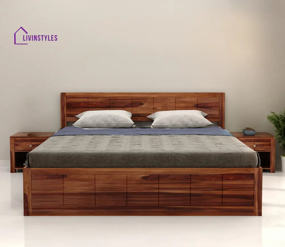 Anjali Sheesham Wood Bed With Box Storage In Honey Finish