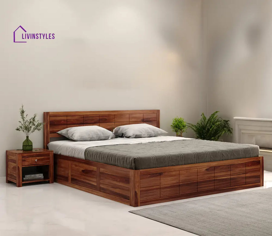 Anjali Sheesham Wood Bed With Box Storage In Honey Finish