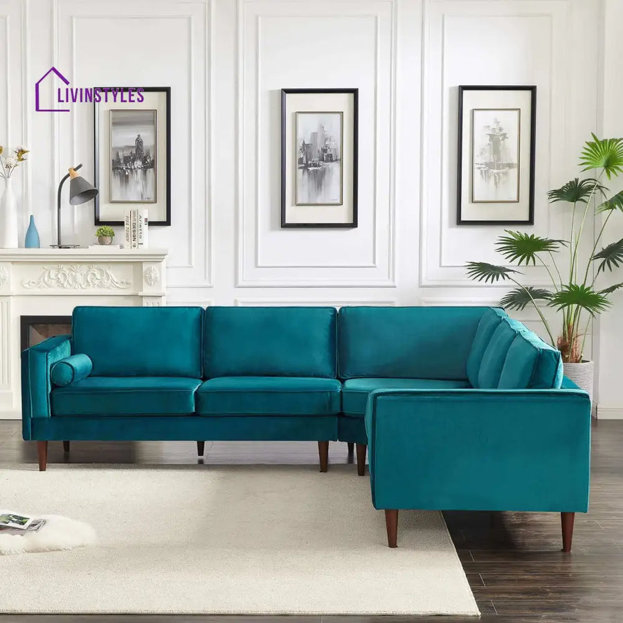 Anjali Teal L Shaped Velvet Sofa For Living Room