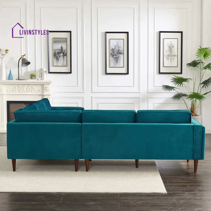 Anjali Teal L Shaped Velvet Sofa For Living Room