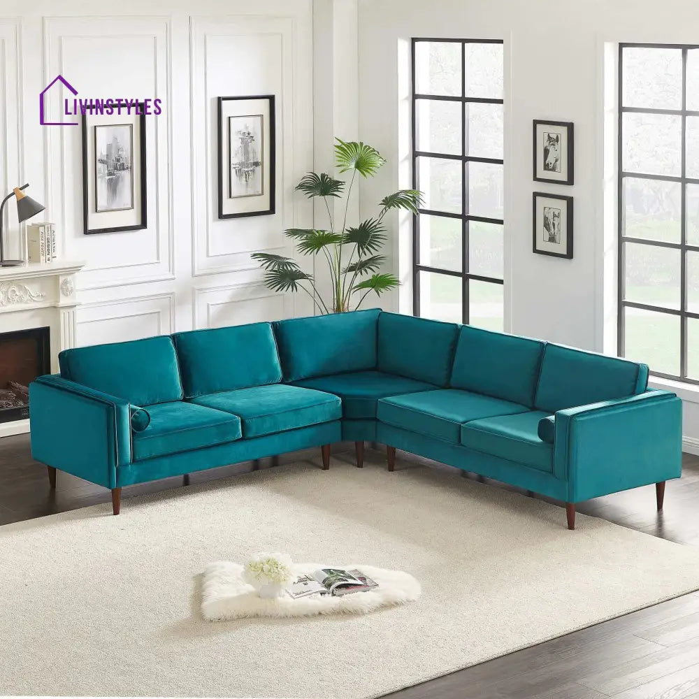 Anjali Teal L Shaped Velvet Sofa For Living Room