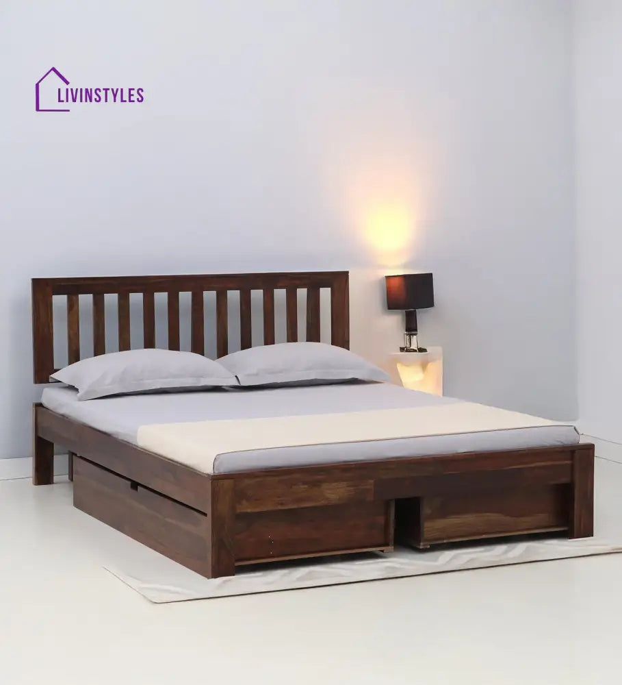 Annie Sheesham Wood Queen Size Bed In Walnut Teak Finish With Drawer Storage