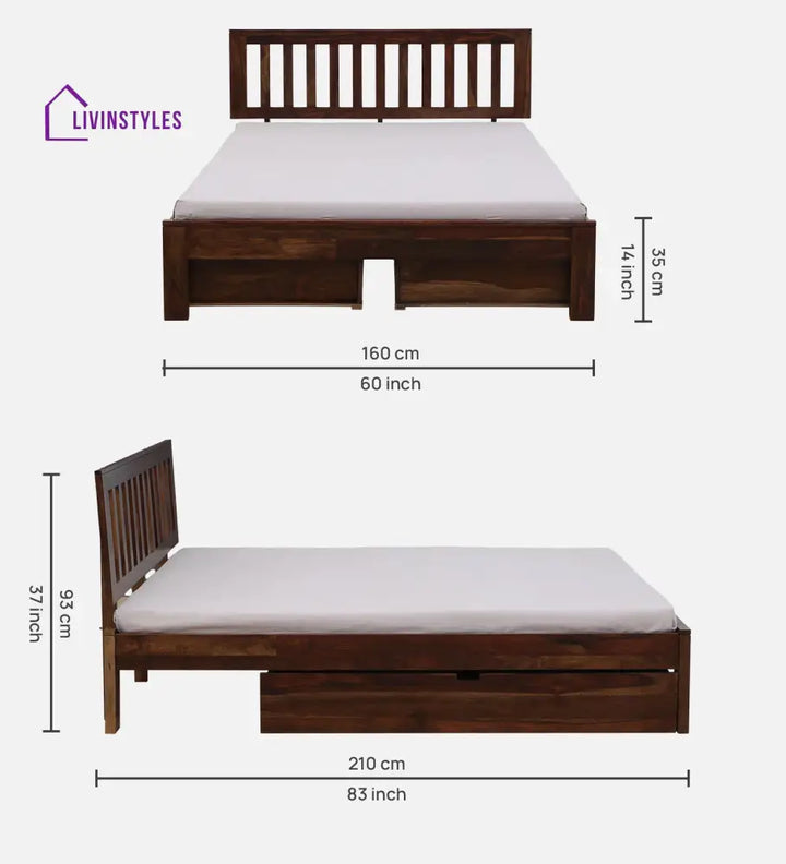 Annie Sheesham Wood Queen Size Bed In Walnut Teak Finish With Drawer Storage