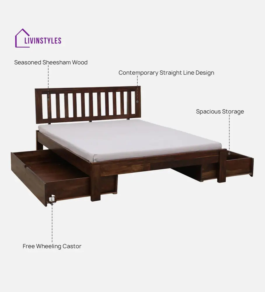 Annie Sheesham Wood Queen Size Bed In Walnut Teak Finish With Drawer Storage