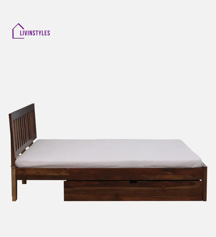 Annie Sheesham Wood Queen Size Bed In Walnut Teak Finish With Drawer Storage