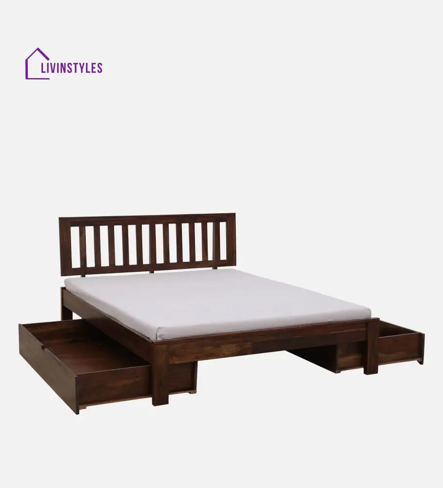 Annie Sheesham Wood Queen Size Bed In Walnut Teak Finish With Drawer Storage