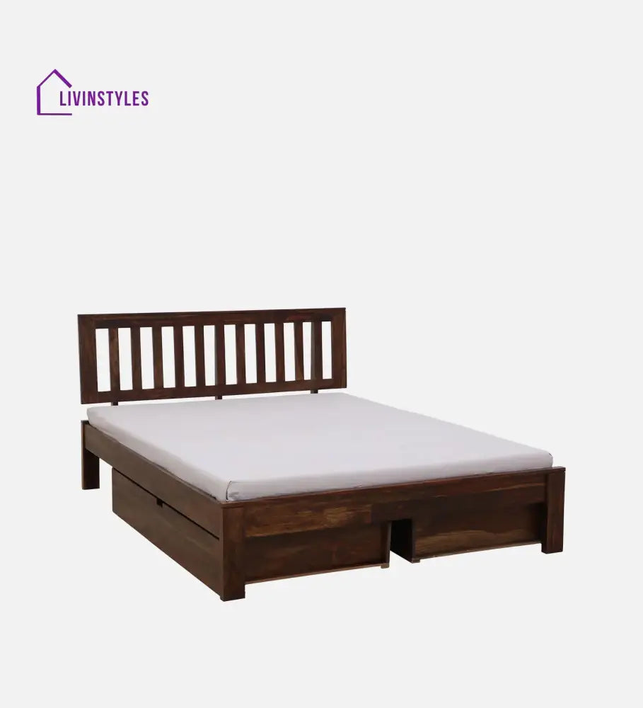 Annie Sheesham Wood Queen Size Bed In Walnut Teak Finish With Drawer Storage