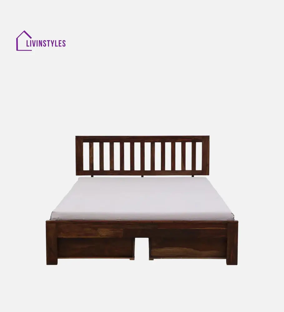 Annie Sheesham Wood Queen Size Bed In Walnut Teak Finish With Drawer Storage