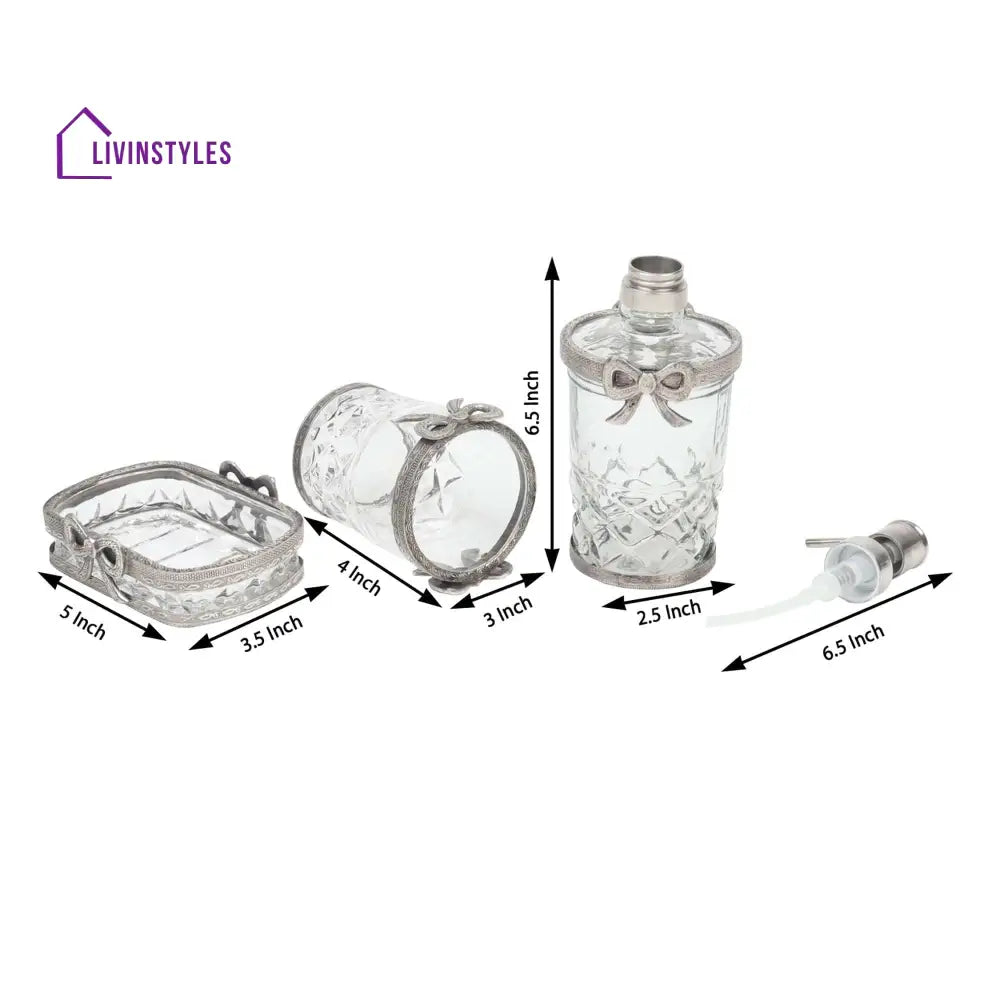 Antique Bow-Tied Glass Bathroom Silver Set