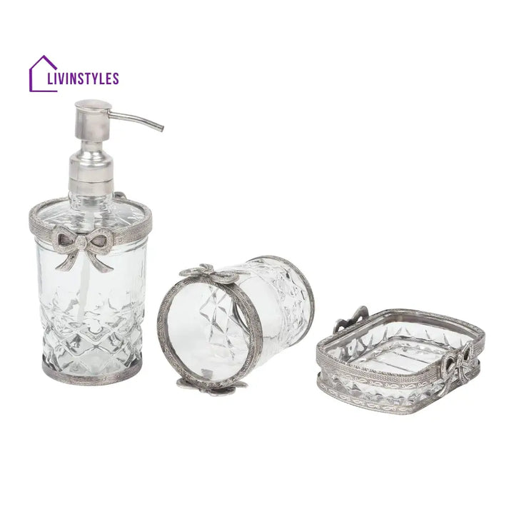 Antique Bow-Tied Glass Bathroom Silver Set