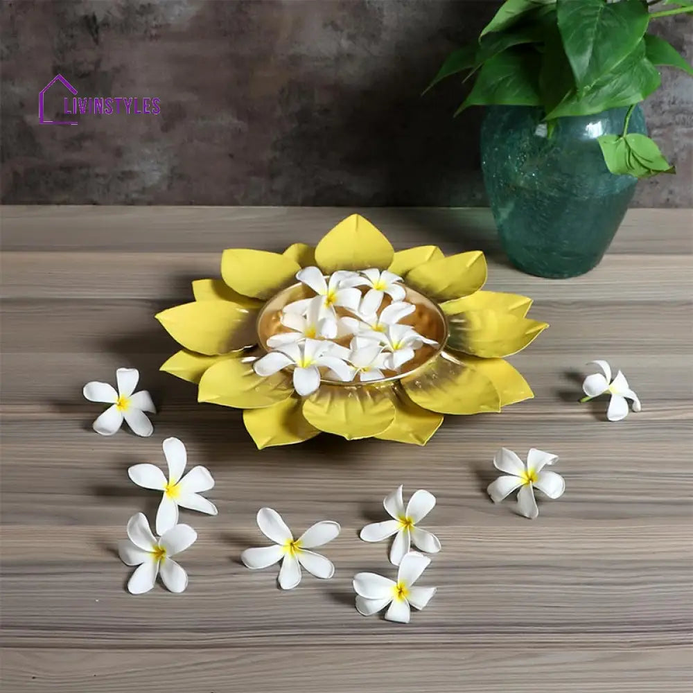 Antique Brass Colorful Lotus Leaves Design Urli Yellow