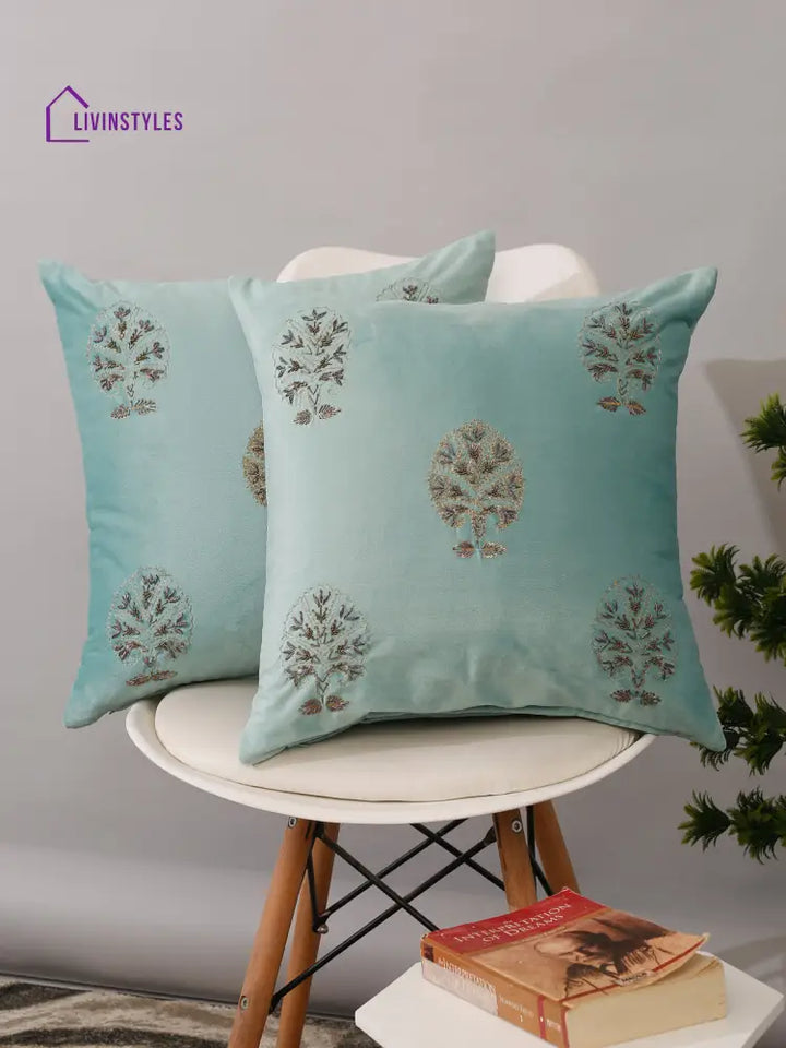 Aqua Color Velvet Hand Work Cushion Cover Set Of 2 (18X18 Inch)