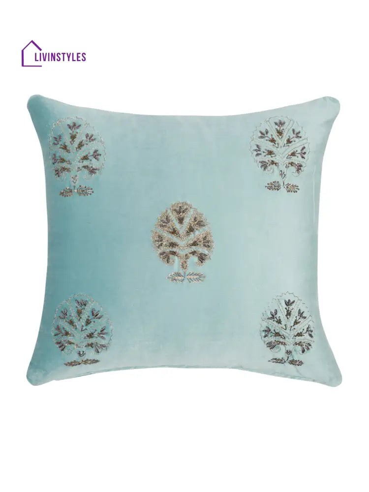 Aqua Color Velvet Hand Work Cushion Cover Set Of 2 (18X18 Inch)