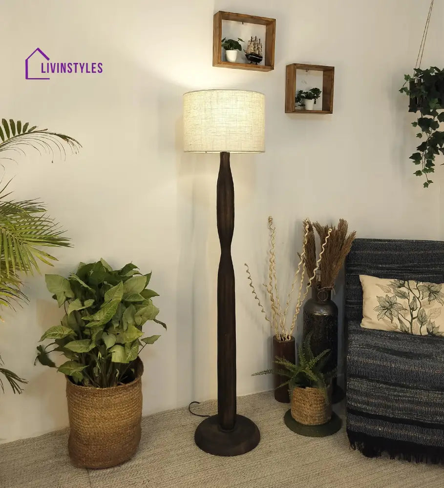 Aristro Wooden Floor Lamp With Brown Base And Jute Fabric Lampshade Lamps