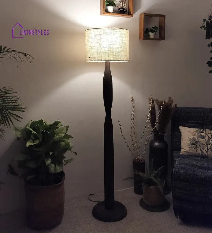 Aristro Wooden Floor Lamp With Brown Base And Jute Fabric Lampshade Lamps