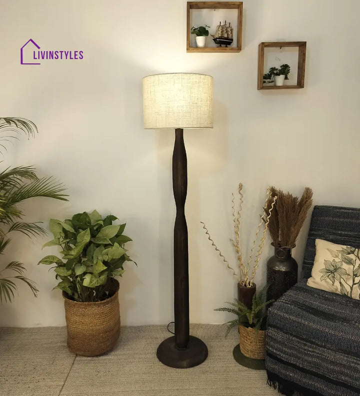 Aristro Wooden Floor Lamp With Brown Base And Jute Fabric Lampshade Lamps