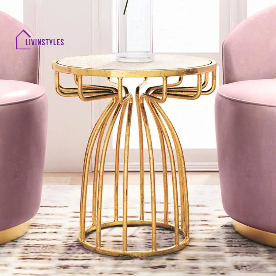 Arjun Metal Golden Side Table For Living Room | Marble Top