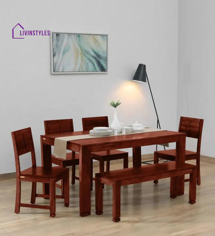 Arkhip Sheesham Wood 6 Seater Dining Set In Honey Finish With Bench Dining Set