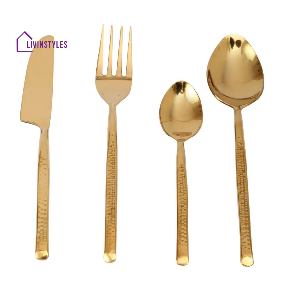 Artisan Dot Hammered Gold Cutlery Set Of 16