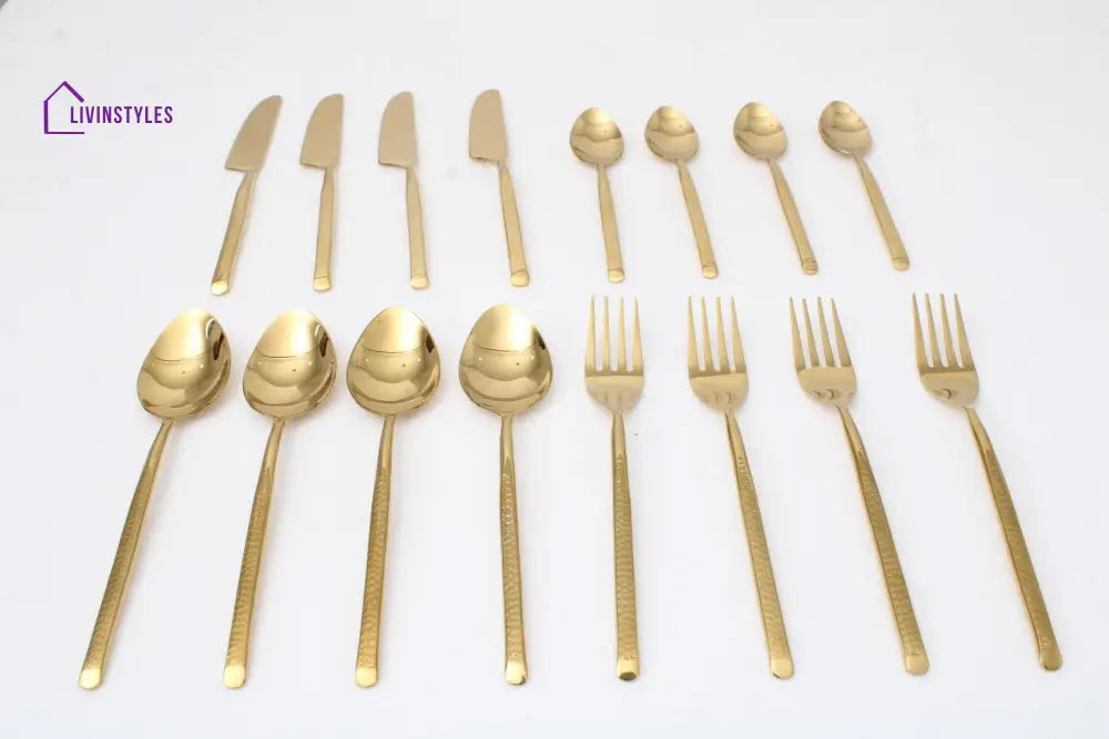 Artisan Dot Hammered Gold Cutlery Set Of 16