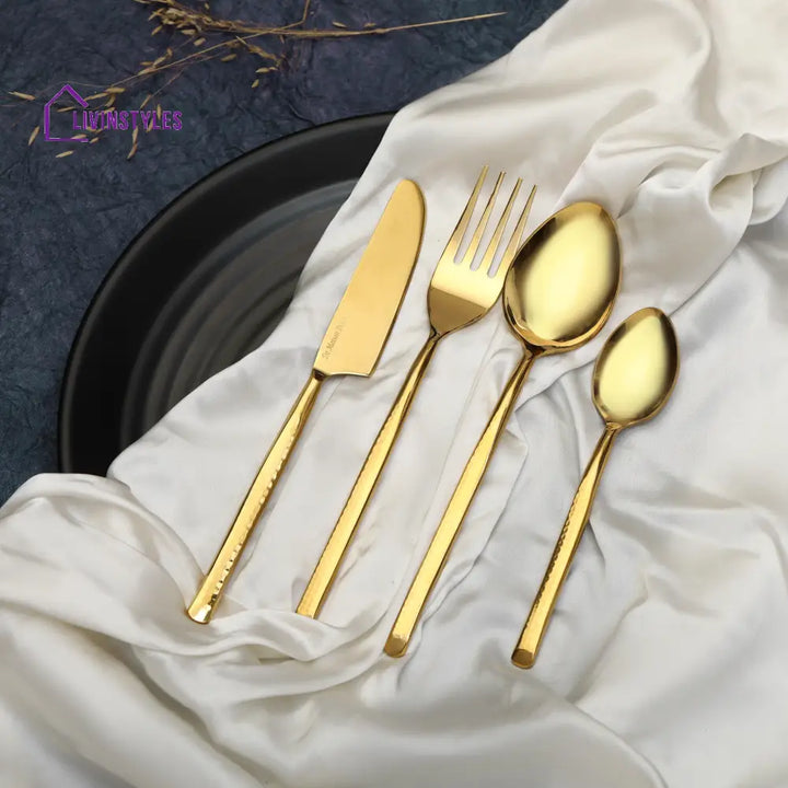 Artisan Dot Hammered Gold Cutlery Set Of 16