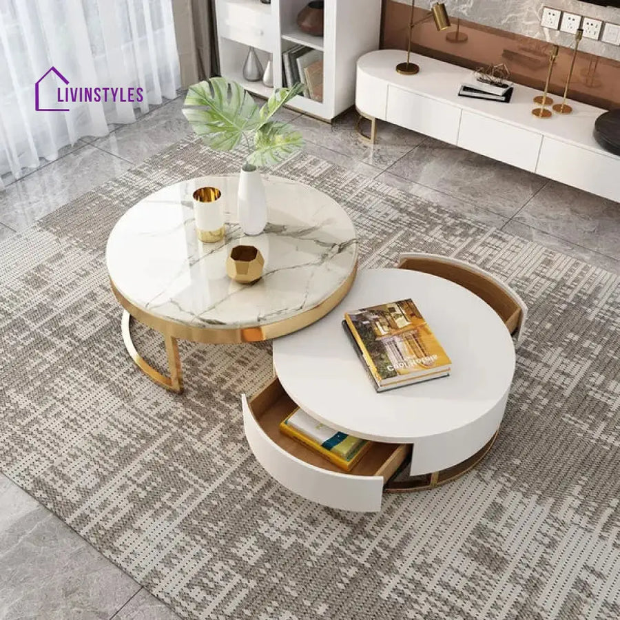 Artus Marble And Wooden Nesting Tables With Storage Coffee Tables