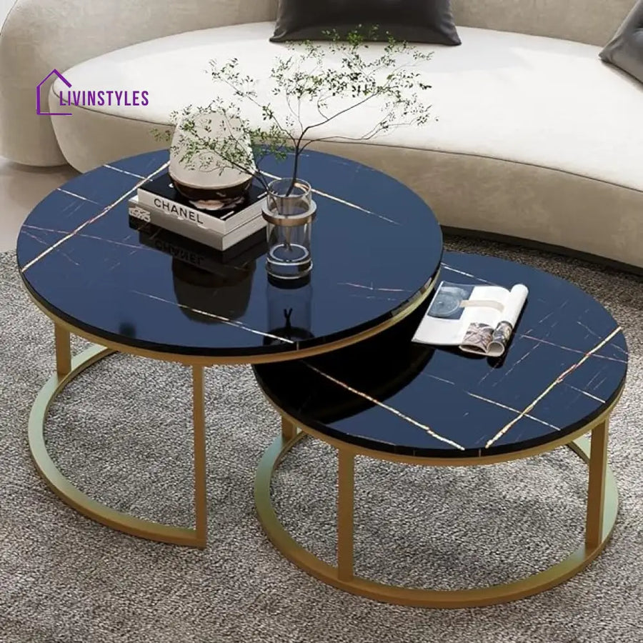 Ashish Metal Black Coffee Table With Marble Top - Set Of 2