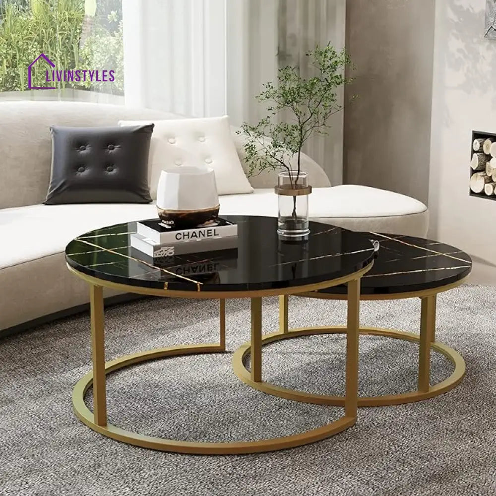 Ashish Metal Black Coffee Table With Marble Top - Set Of 2